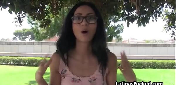  Flashing big tit Latina gags on cock